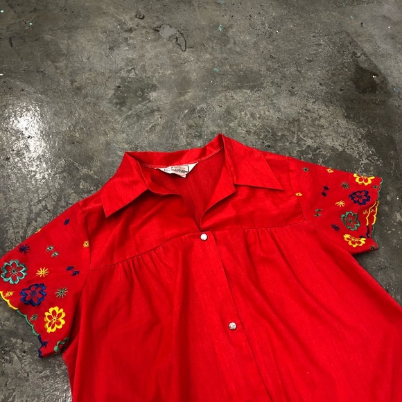 Vtg 80s Apron Midi Dress Americana Red Floral M/L - Picture 4 of 6